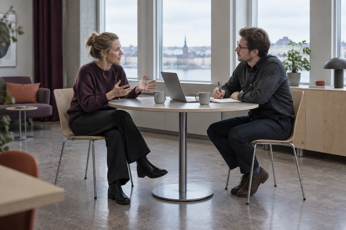 Två personer förhandlar över ett mötesbord, den ena antecknar
