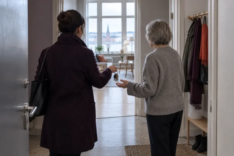 Två personer i en dörröppning där den ena räcker över en nyckelknippa till den andra