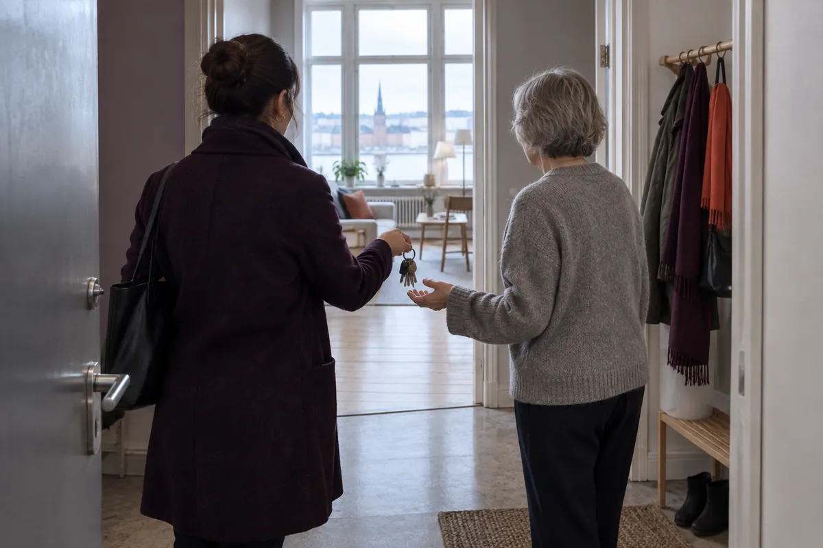 Två personer i en dörröppning där den ena räcker över en nyckelknippa till den andra