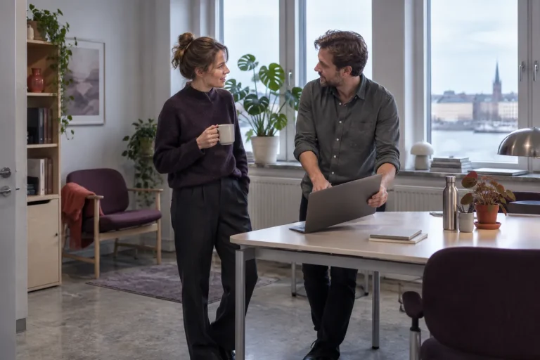 Två personer pratar vid ett skrivbord på ett litet kontor