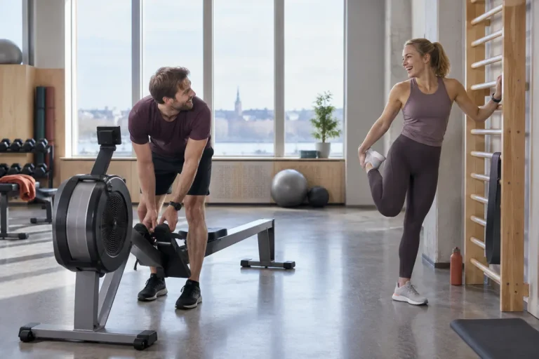 Två kollegor tränar tillsammans i ett ljust gym