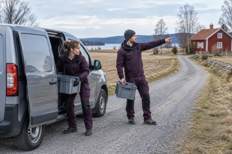 Två utdelare lastar av en back vid en skåpbil på en grusväg