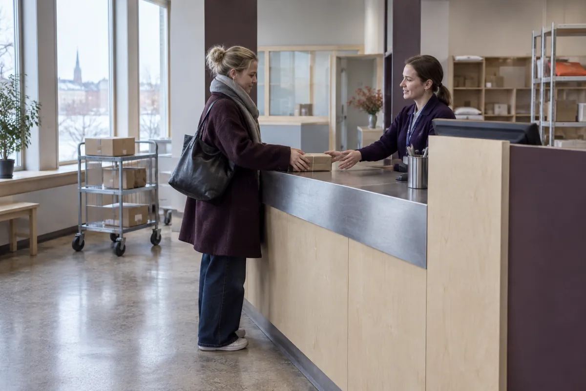 En person lämnar över ett litet paket till en expedit över en disk