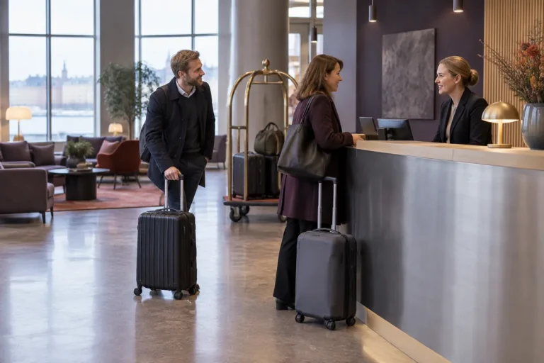 Två kollegor med resväskor checkar in i en hotellreception