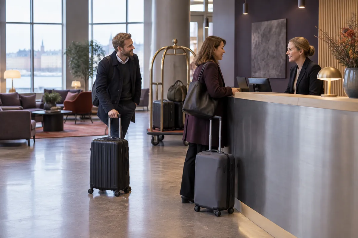 Två kollegor med resväskor checkar in i en hotellreception
