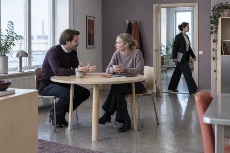Två kollegor diskuterar planerna vid ett bord i ett ljust kontor