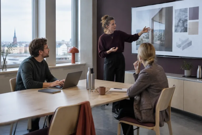 Tre kollegor går igenom affärssystemet vid en skärm