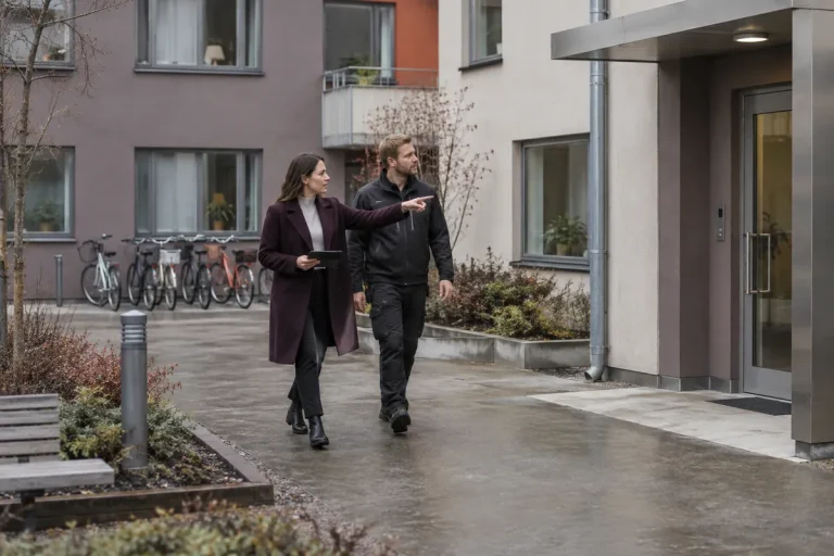 Förvaltare och tekniker går över en innergård tillsammans