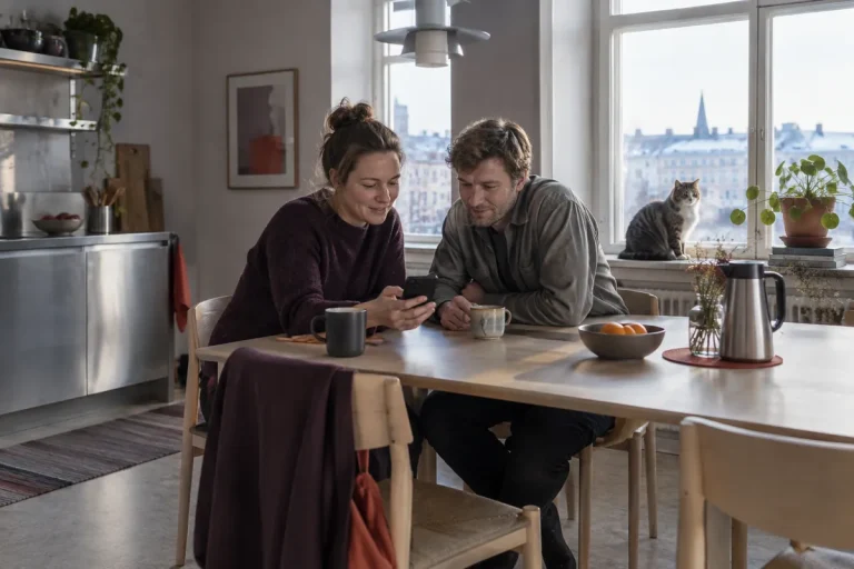Två personer tittar på sparandet i mobilen vid köksbordet