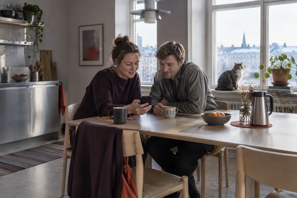 Två personer tittar på sparandet i mobilen vid köksbordet