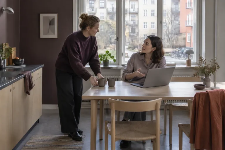 Hyresvärd och hyresgäst går igenom villkoren vid ett bord