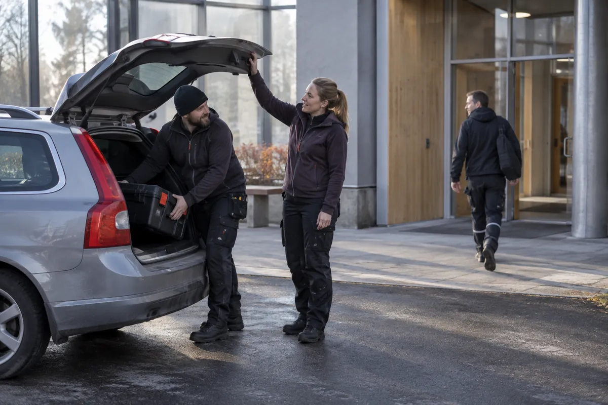 Montör lastar verktyg i bilen inför en körning