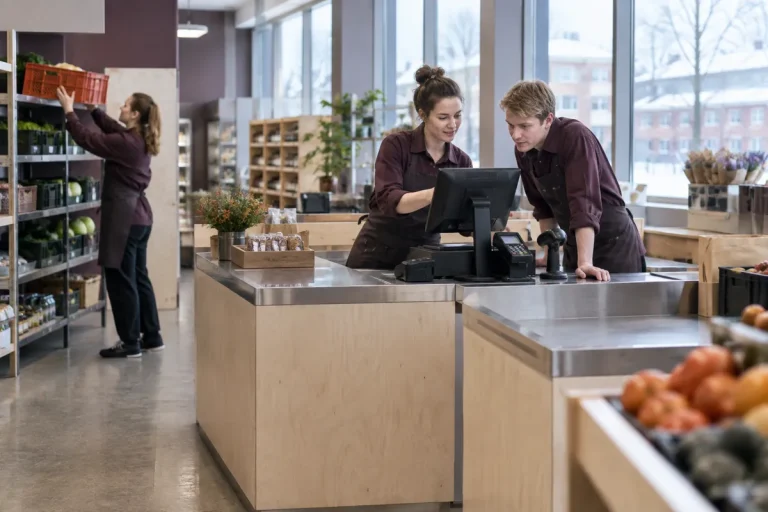 Dagsavslutet gås igenom vid kassan i en butik