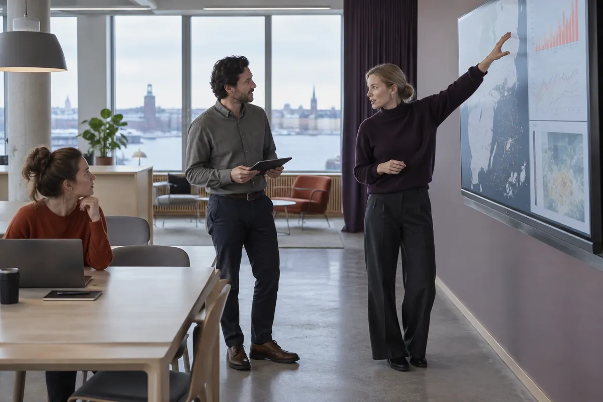 Analytiker diskuterar en lista på en storbildsskärm